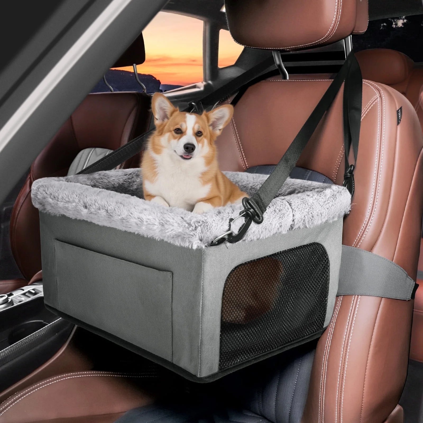 Small Dog Car Seat, Dog Booster Car Seat, Elevated Puppy Car Seat, Car Seat for Dogs, Pet Car Seat, up to 20Lbs, Gray