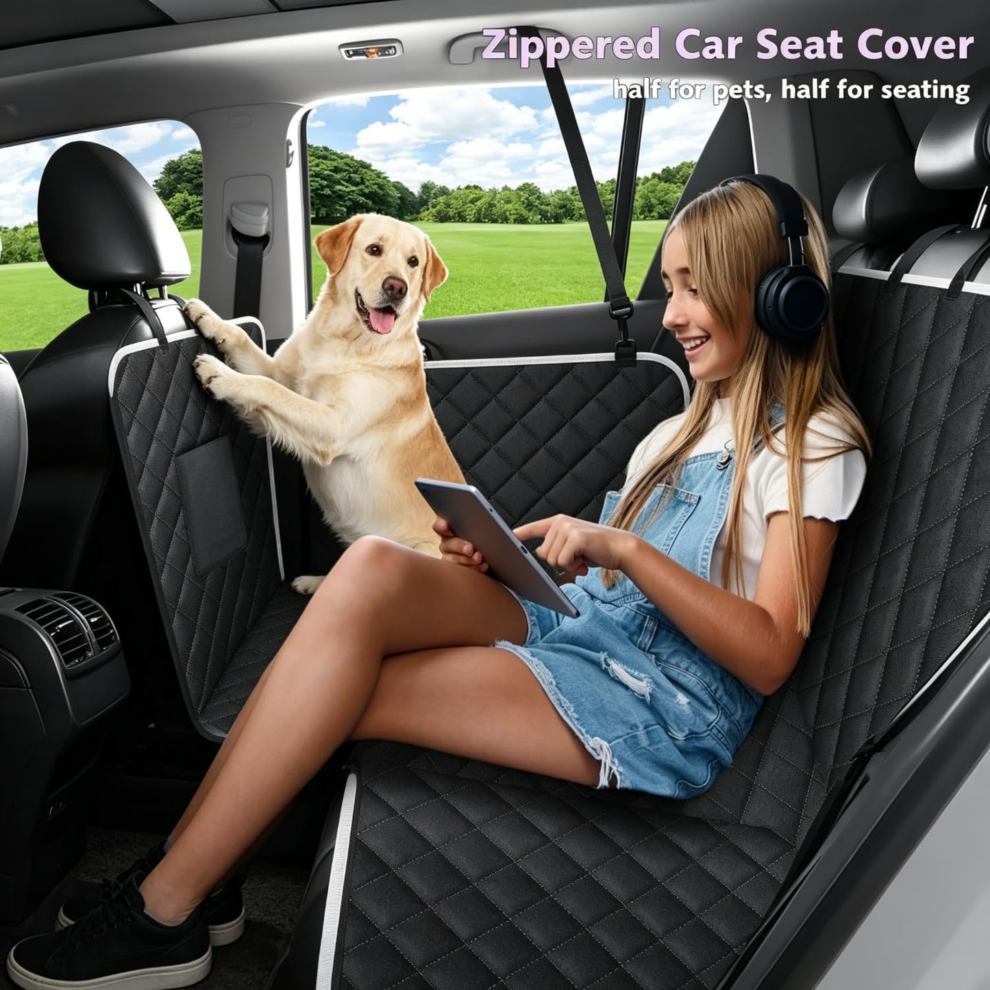 Back Seat Cover for Dogs,Zipper Hammock Car Seat Protector(Black) | 600D Oxford Fabric,Zippered Side Flaps,No-Smell Car Seat Cover for Back Seat as Hammock, Trunk Liner or Camping Mat