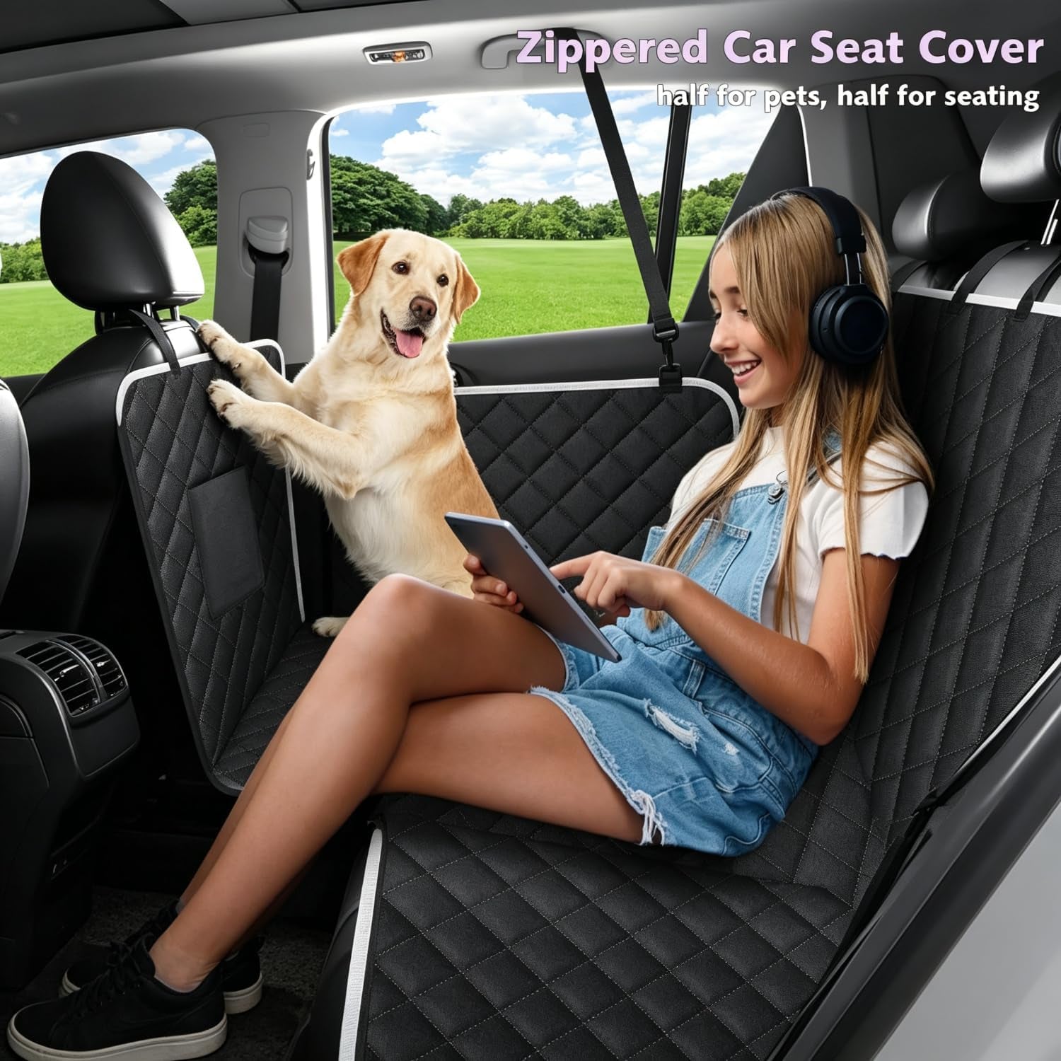Back Seat Cover for Dogs,Zipper Hammock Car Seat Protector(Black) | 600D Oxford Fabric,Zippered Side Flaps,No-Smell Car Seat Cover for Back Seat as Hammock, Trunk Liner or Camping Mat