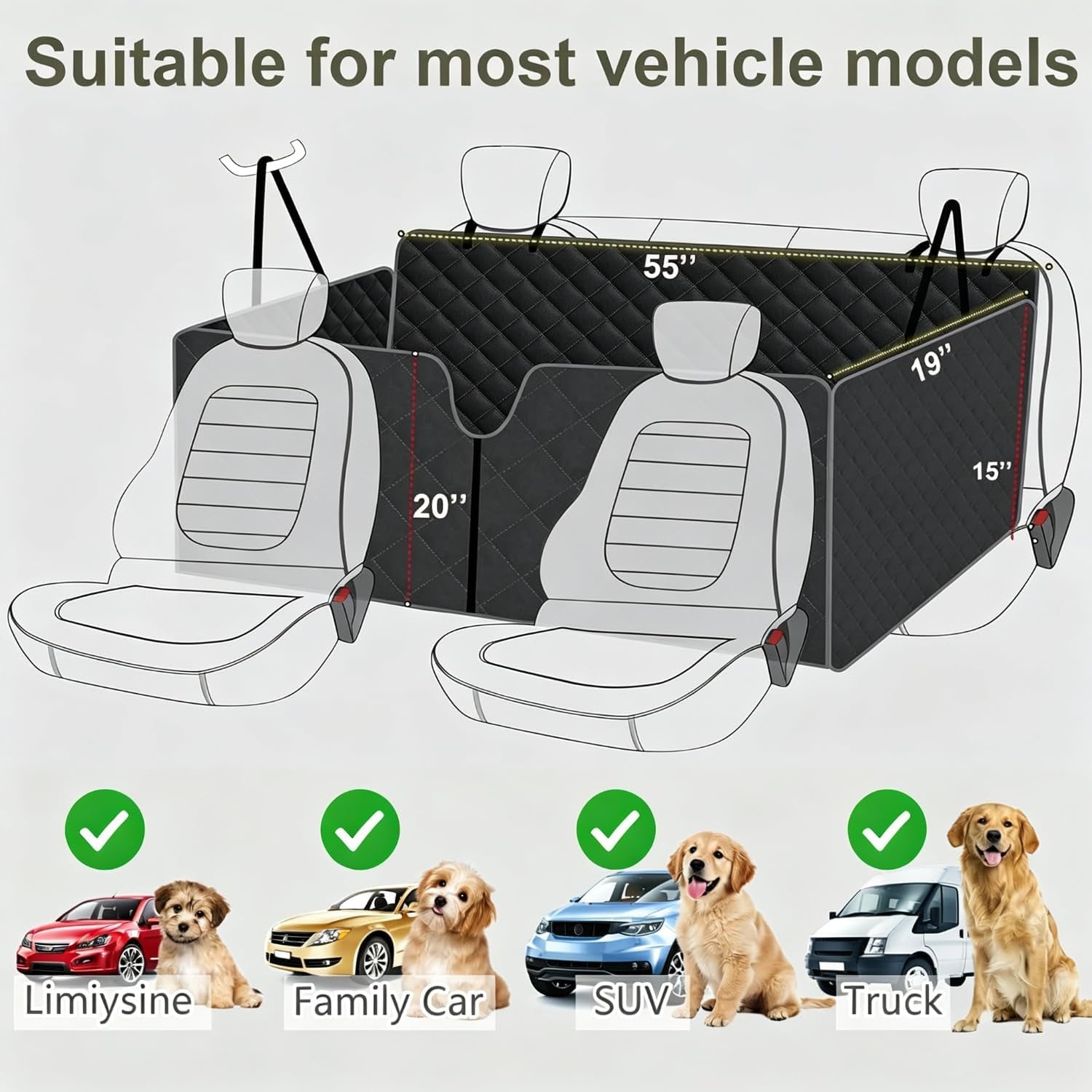 Back Seat Cover for Dogs,Zipper Hammock Car Seat Protector(Black) | 600D Oxford Fabric,Zippered Side Flaps,No-Smell Car Seat Cover for Back Seat as Hammock, Trunk Liner or Camping Mat